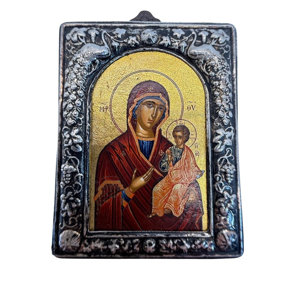 VTG Greek Orthodox Icon Virgin Mary Christ Child Gold Silver Small Religious Art